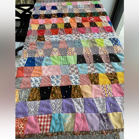 Patchwork Floral Quilt Throw Handmade Cotton Poly Red Black Blue Vintage 70s 80s - Picture 1 of 10